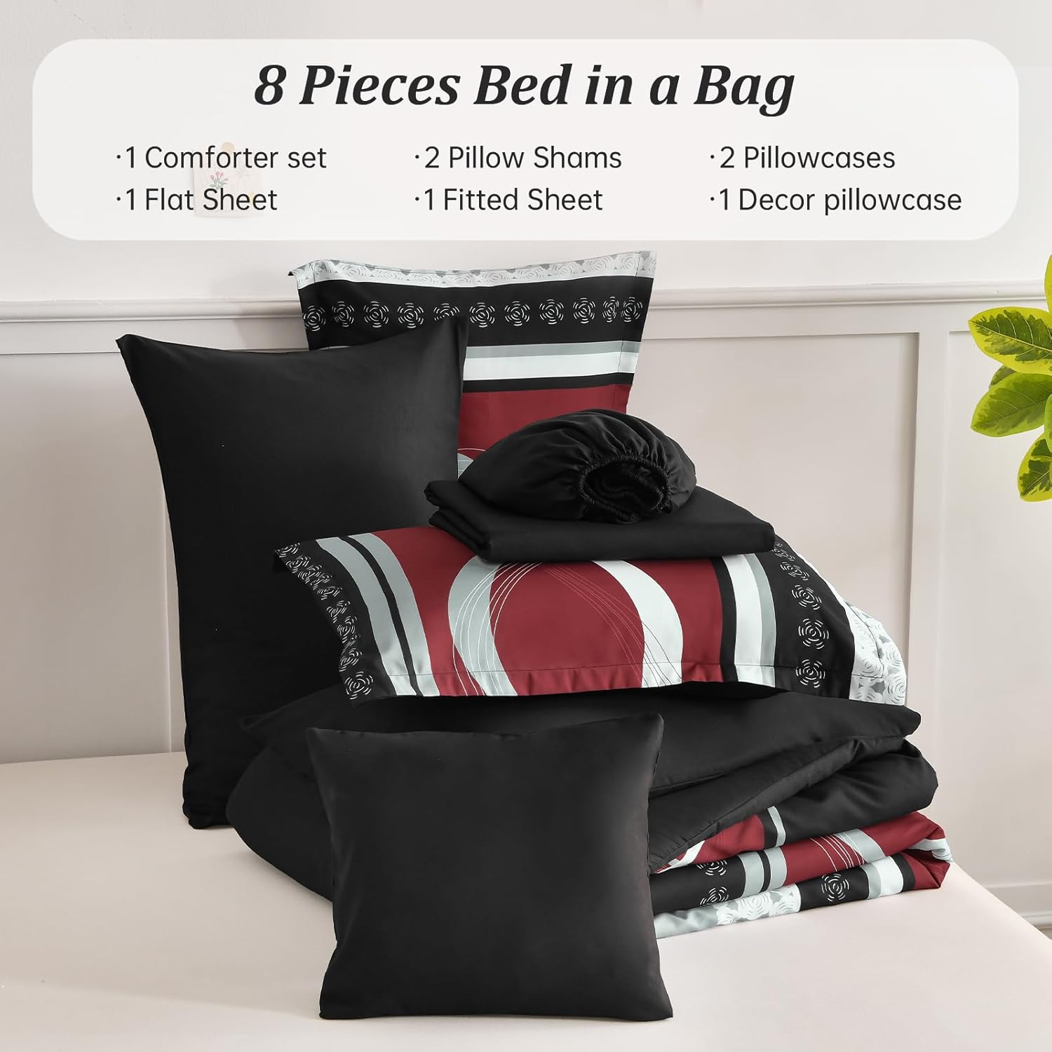 Anibedding Burgundy Comforter Set Queen Size, 8 Pieces Striped Bed in a Bag, Patchwork Comforter with Sheets Set Soft Microfiber Boho Bedding Sets(90"×90") - Image 4