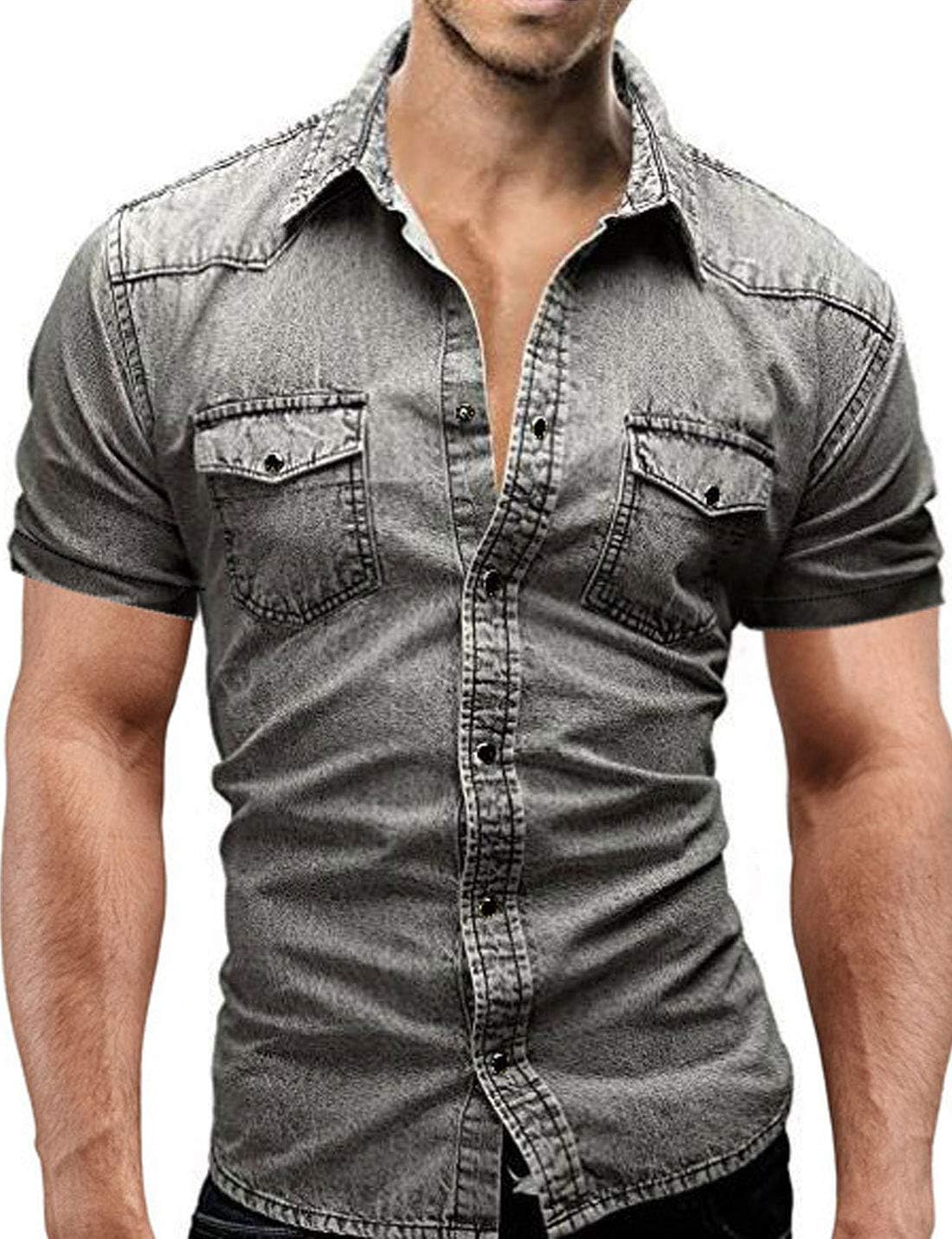 Flygo Men's Stand-fit Short Sleeve Denim Shirt