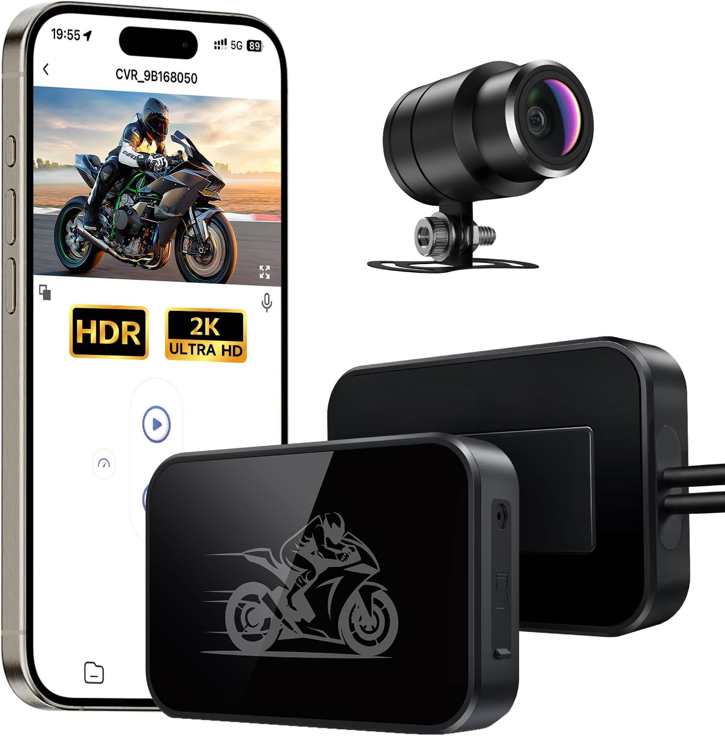 Motorcycle Dash Cam, 2K Ultra HD Front Dash Camera for Motorcycle, IP67 Waterproof, Loop Recording 24H Parking Monitor Wide Angle Night Vision with App Control, Max Support 128 GB