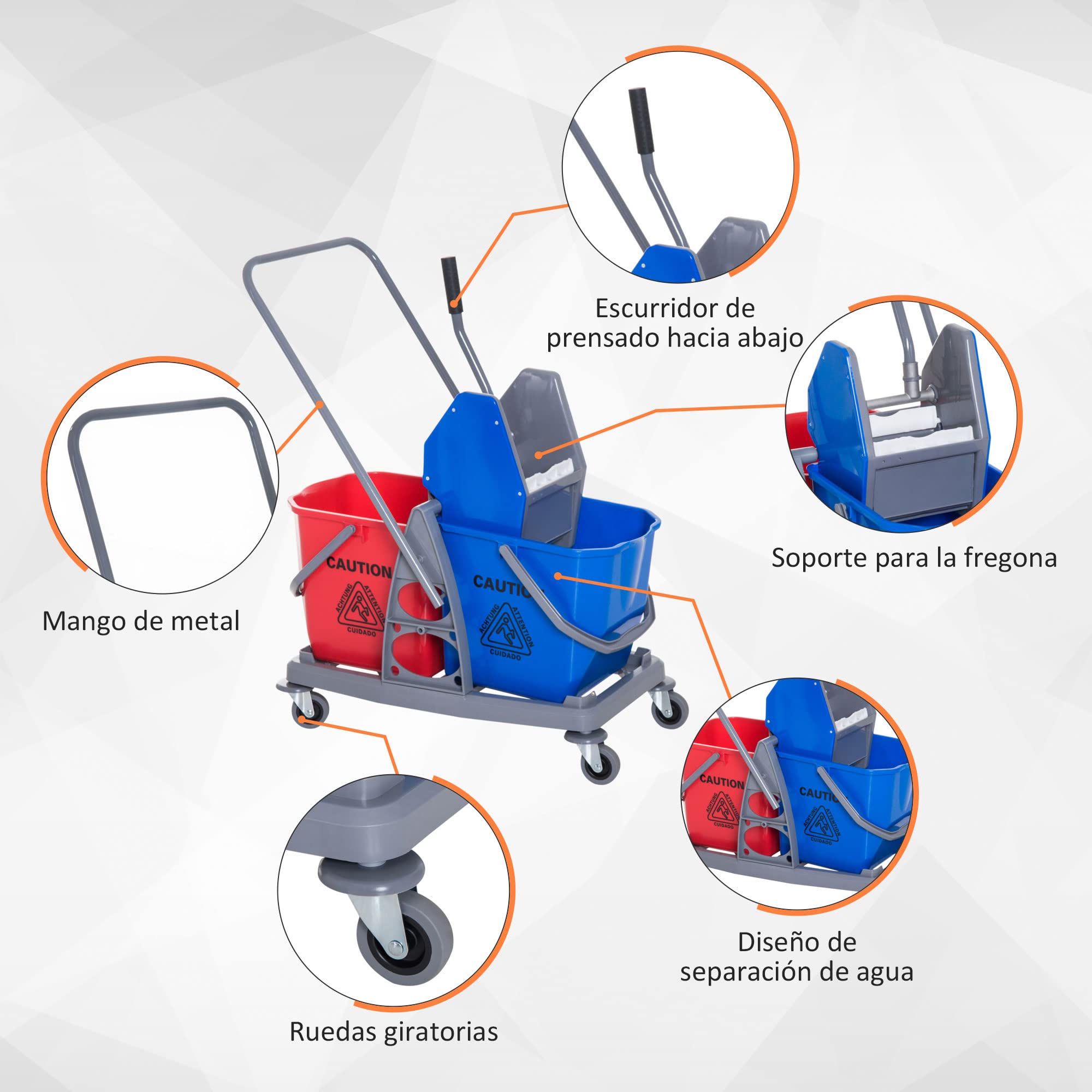 HOMCOM Carro de Limpieza Profesional Carro de Fregado de Metal con 2 Cubos de 25 litros Extraíbles Escurridor Prensa Manual y 4 Ruedas 73x45x92 cm Rojo y Azul