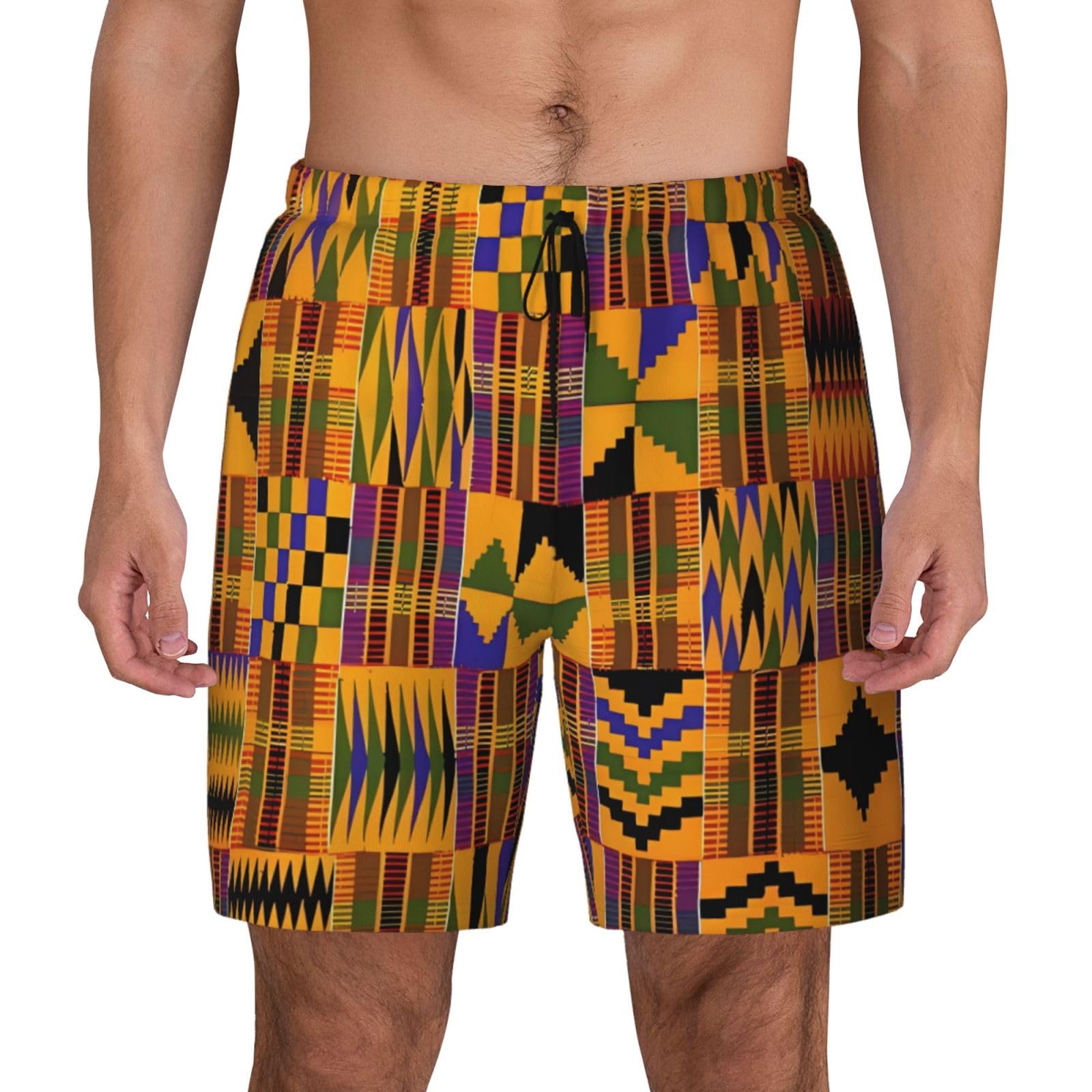 Zhaoyugoods Men's Black African Tribal Ethnic Texture Swim Trunks, Bathing Shorts, Printed Swim Shorts For Active