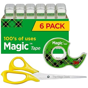 Magic Tape 6 Packs Clear Tape, Magic Tape with Dispensers, Invisible Tape 1/2 x 450 Inches, and a 8 Inch All Purpose Scissors Gift Pack