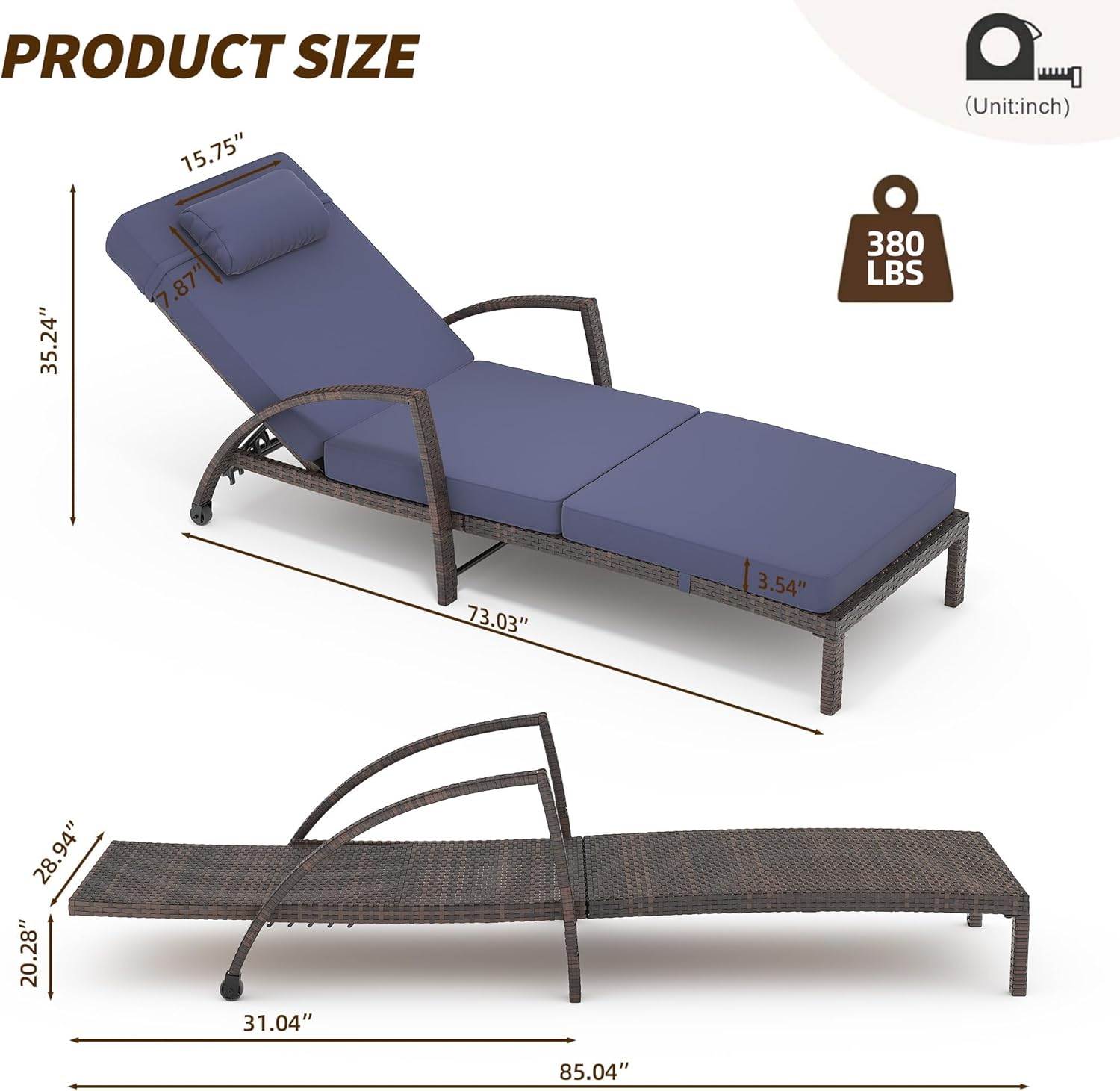 Outdoor Chaise Lounge Set of 2, 5-Position Adjustable PE Wicker Lounge Chairs with Wheels and Beige Cushions, All-Weather Patio Furniture for Poolside, Garden, Beach(Blue)