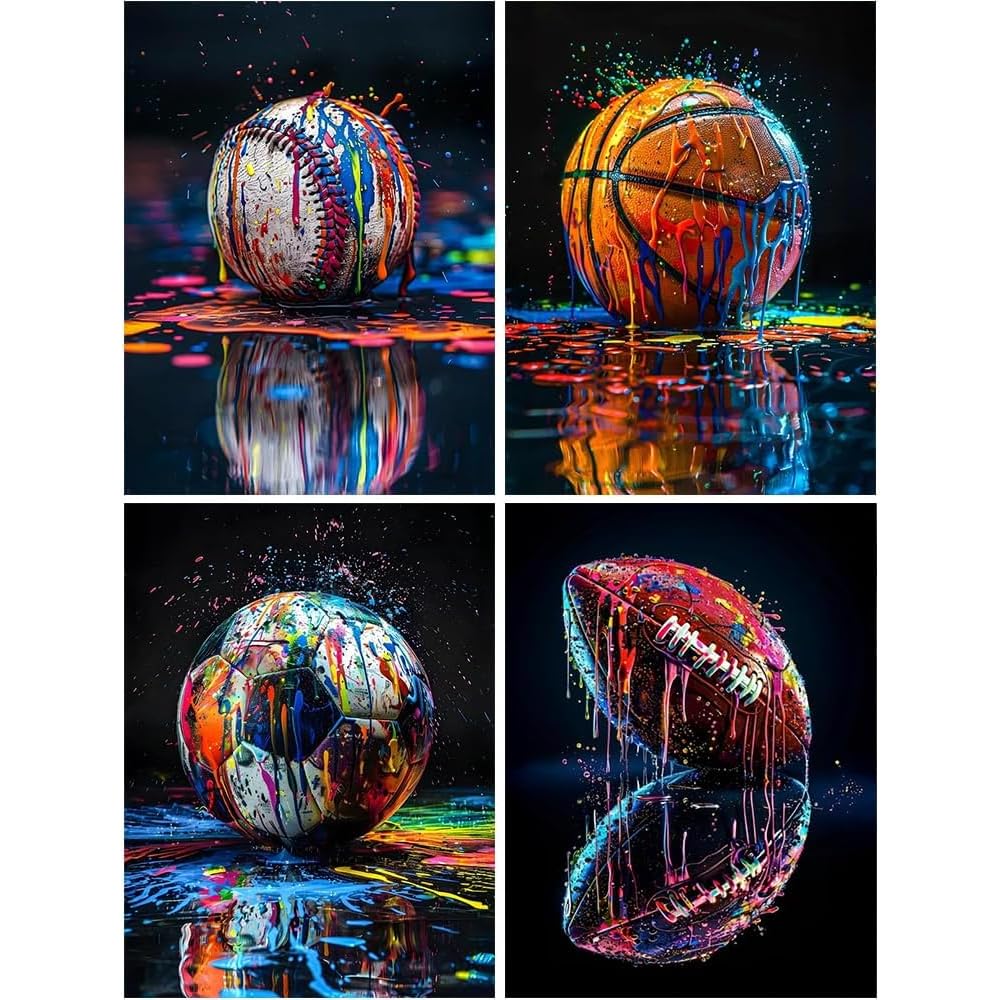 Jakener 4 Pack Paint By Numbers-Balls-1222 4 Pack Paint By Numbers For Adults, Ball Games Painting By Numbers For Adults Canvas Kits, Graffiti Adult Paint By Numbers Kits Without Frame, Diy Acrylic Oil Painting For Home Wall Decor 12X16 Inch