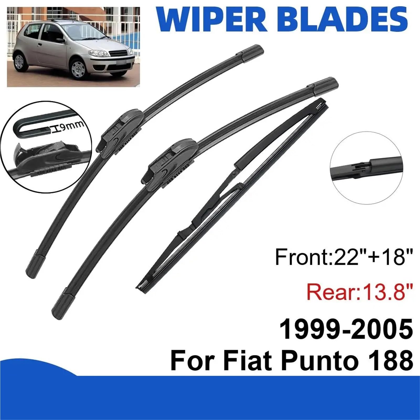 uniwersalne części do wycieraczek Pasuje do Fiat Punto 188 1999-2005 22 "+ 18" + 13.8 "przednie tylne pióra wycieraczek szyba przednia 3 szt(4x Front 2x Rear)