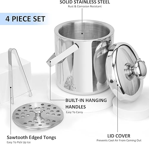 Miniatura 10 de Sunmeyke Cubo de hielo aislado de acero inoxidable de doble pared (3.7 cuartos de galón), con colador de tapa y pinzas, ideal para cócteles y fiestas