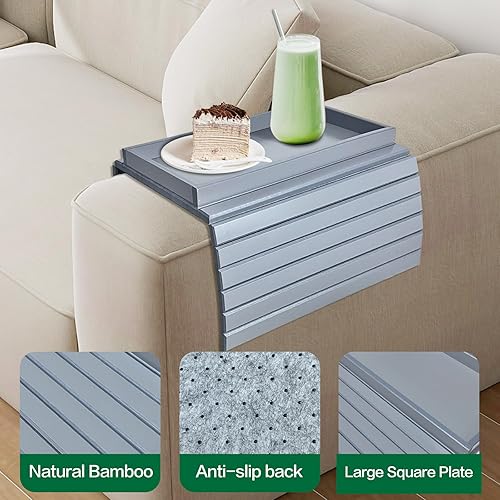 Miniatura 6 de Bandeja para reposabrazos de sofá, mesa auxiliar plegable, mesa de bambú para sofás anchos, mesa de sillón, soporte para tazas de sofá para