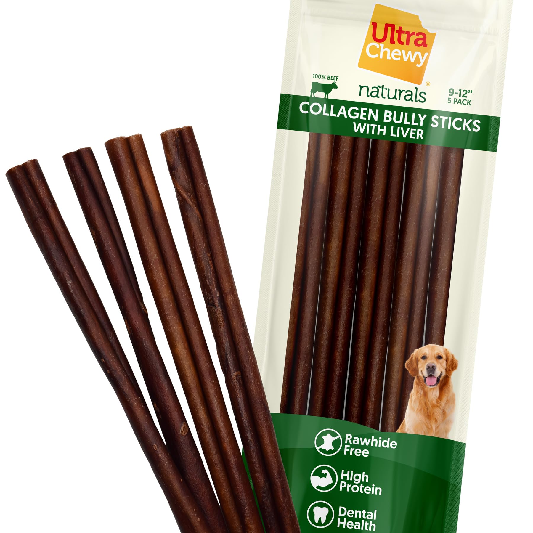 Ultra Chewy Collagen Sticks 9-12 inches (5 Pack) – Long Lasting Odor-Free, All-Natural Dog Chews – Rawhide & Bully Stick Alternative