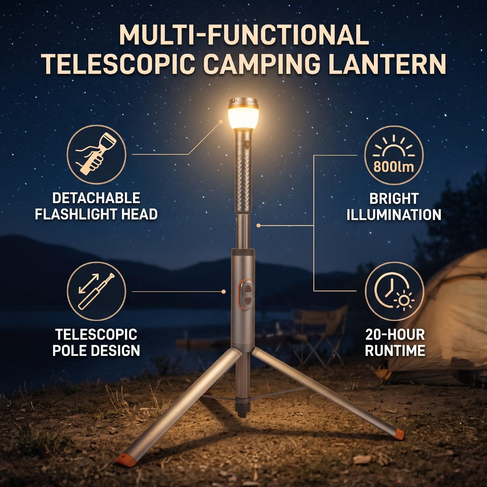 YUYTE Lanterna da Campeggio Telescopica 800lm, Impermeabile IP65 con (A)