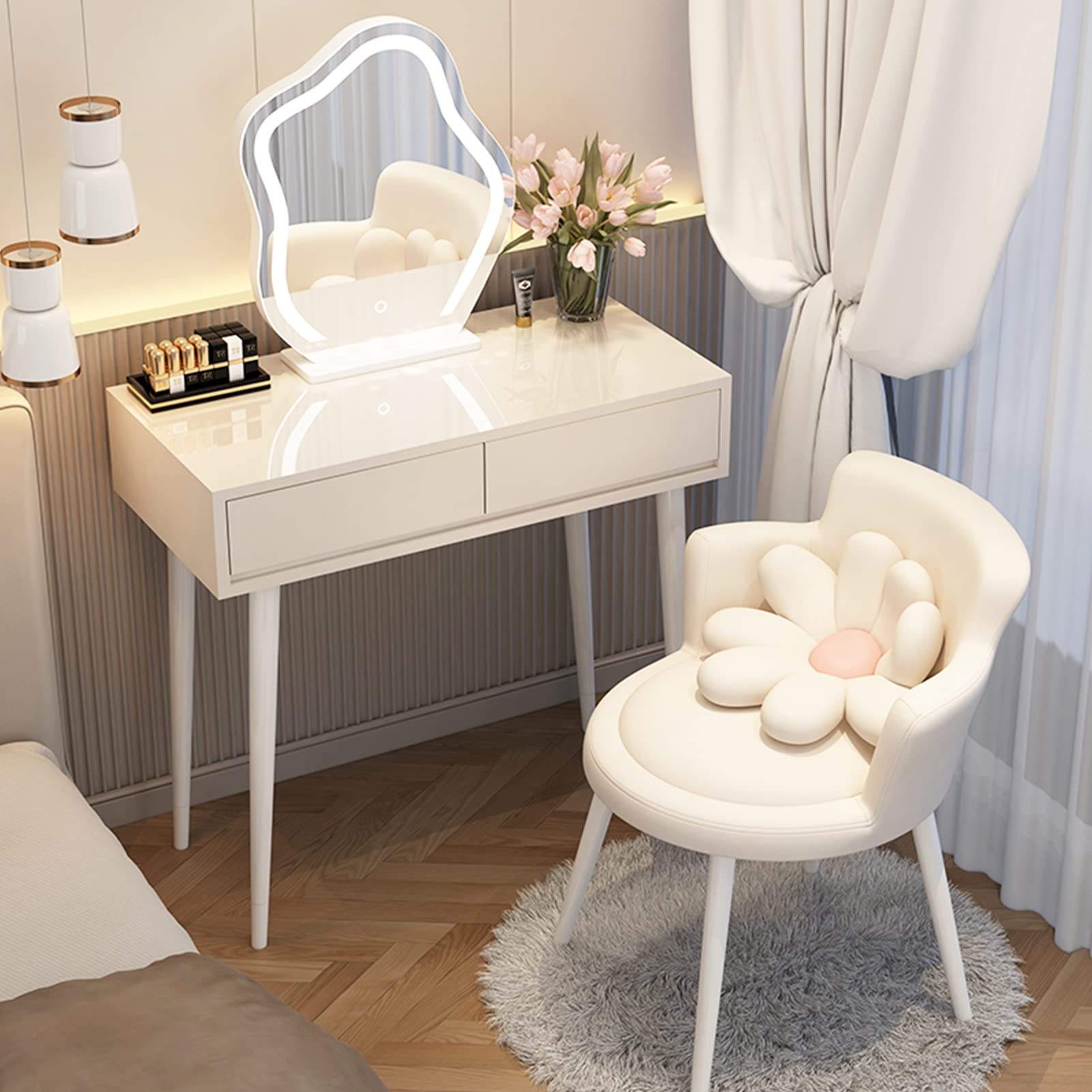 asdchZen Elegant Makeup Vanity Table With Led Lighted Mirror & Upholstered Stool, White & Grey Dressing Table For Bedroom, Spacious Drawers, 60Cm/23.6In,White B-80cm/31.5in
