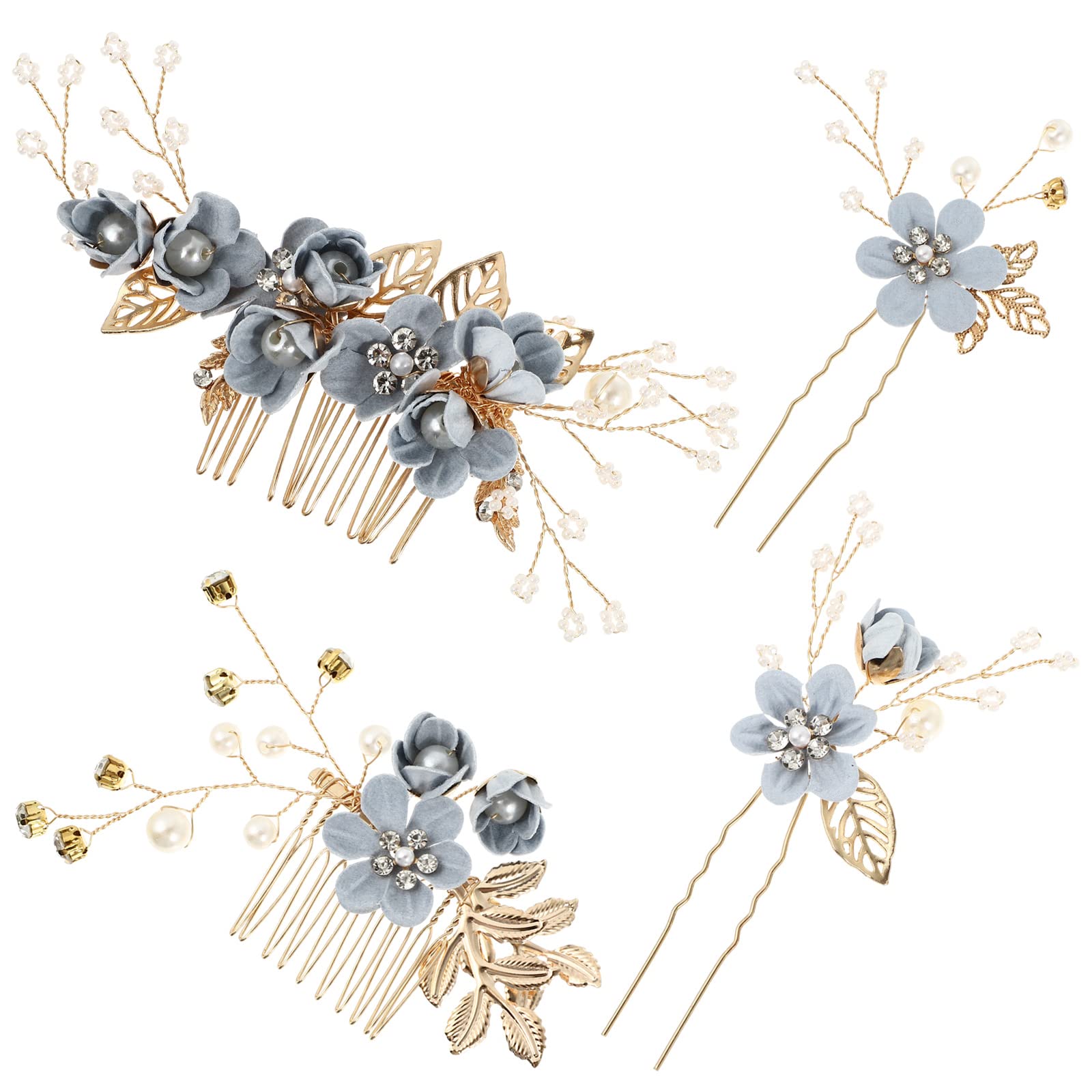 NUOBESTY 4Pcs Wedding Hair Clip Comb Handmade Bridal HairClip Pearl Floral Leaf Hair Accessories for Women Wedding (Blue)