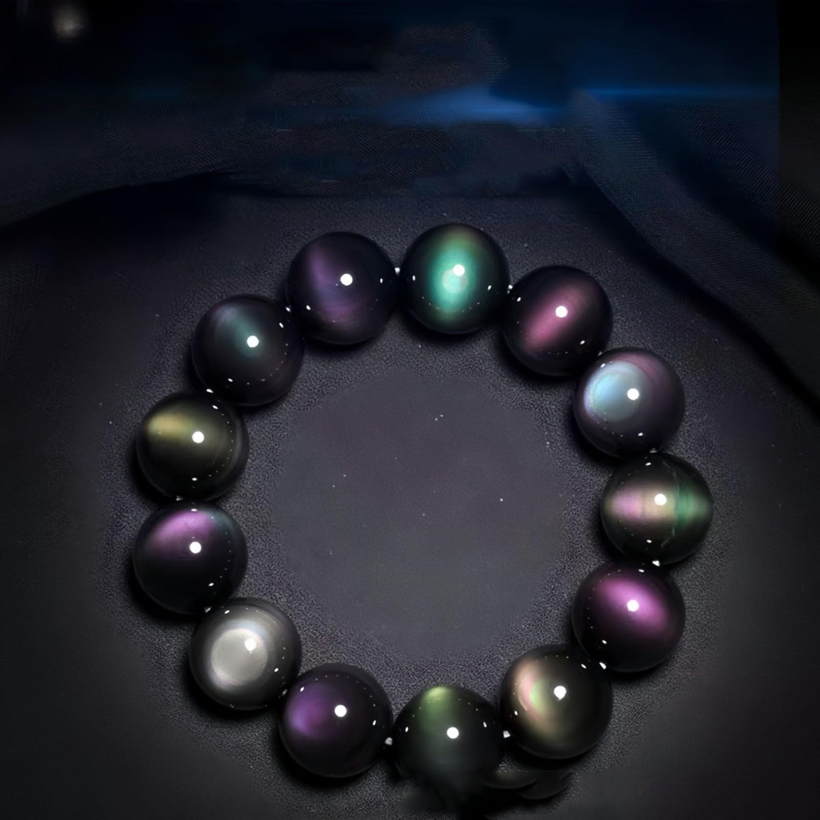 Pulsera elástica de obsidiana Colorida para Mujeres y Hombres, Cuentas de Cristal volcánico con Brillo de Plata y Oro arcoíris Natural, joyería de Piedra elástica Ajustable,6a,10MM