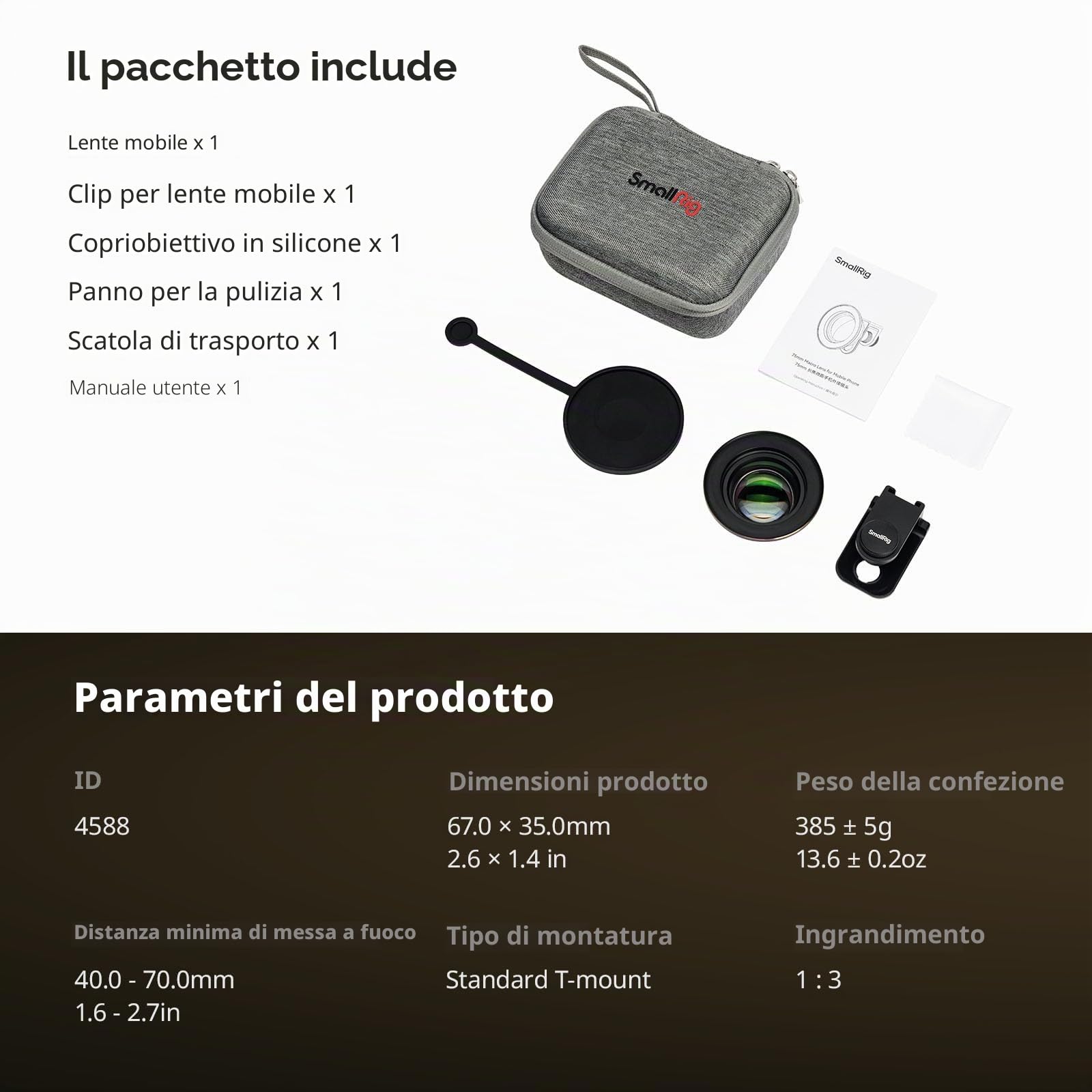 SMALLRIG Obiettivo Macro HD Master da 75 mm, Obiettivo con Attacco a T per iPhone, per Samsung, per HUAWEI, per Xiaomi, Attacco Obiettivo per Fotocamera Macro per Telefono - 4588