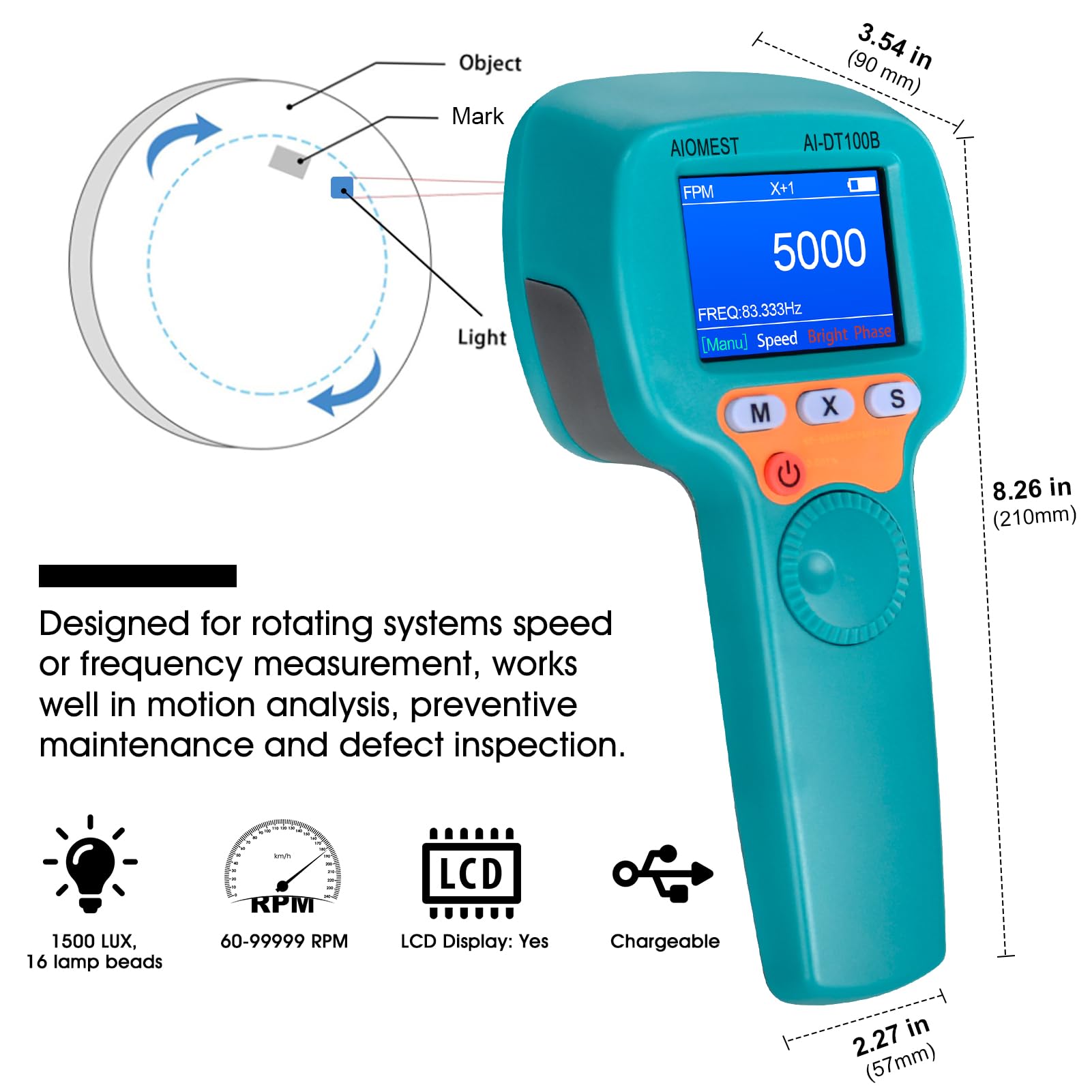 Stroboskop Digitales Drehzahlmesser Berührungslos, AIOMEST LED Strobe Tachometer 0,001% Präzision, 999.999 U/min/Hz, 1500 LUX Einstellbares Stroboskoplicht, Datenprotokollierung für Motor, Industrie