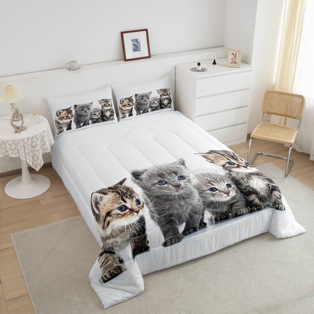 Feelyou Bettwäsche-Set für kleine Katzen, Bettdecken-Set für Katzenliebhaber, Tiermotiv-Design, für Jungen und Mädchen, Kinderzimmer-Dekor, niedliches Kätzchen-Aufdruck, Doppelbettgröße, mit 1