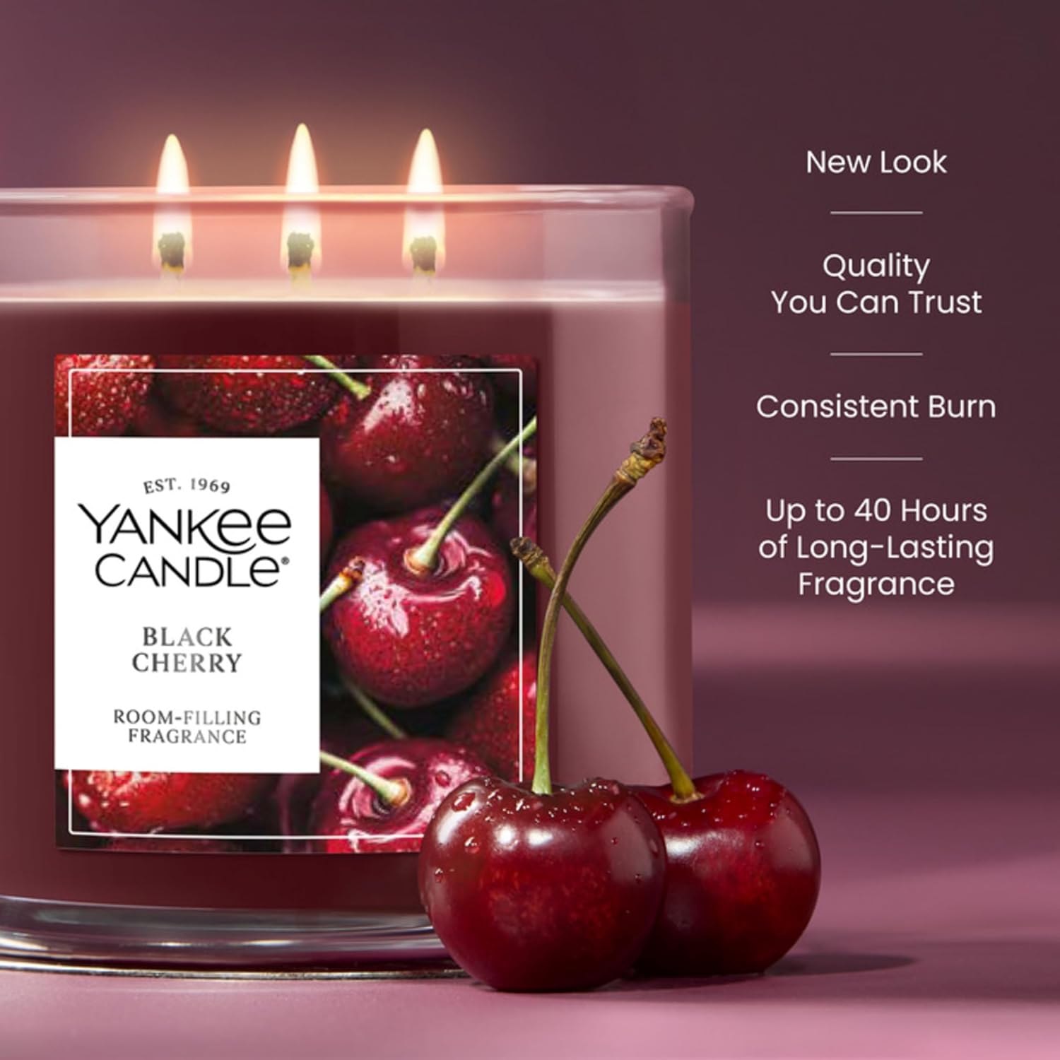 Yankee Candle Black Cherry, Scented Candle, 14.5oz 3-Wick Candle Jar with up to 40 Hours Burn Time