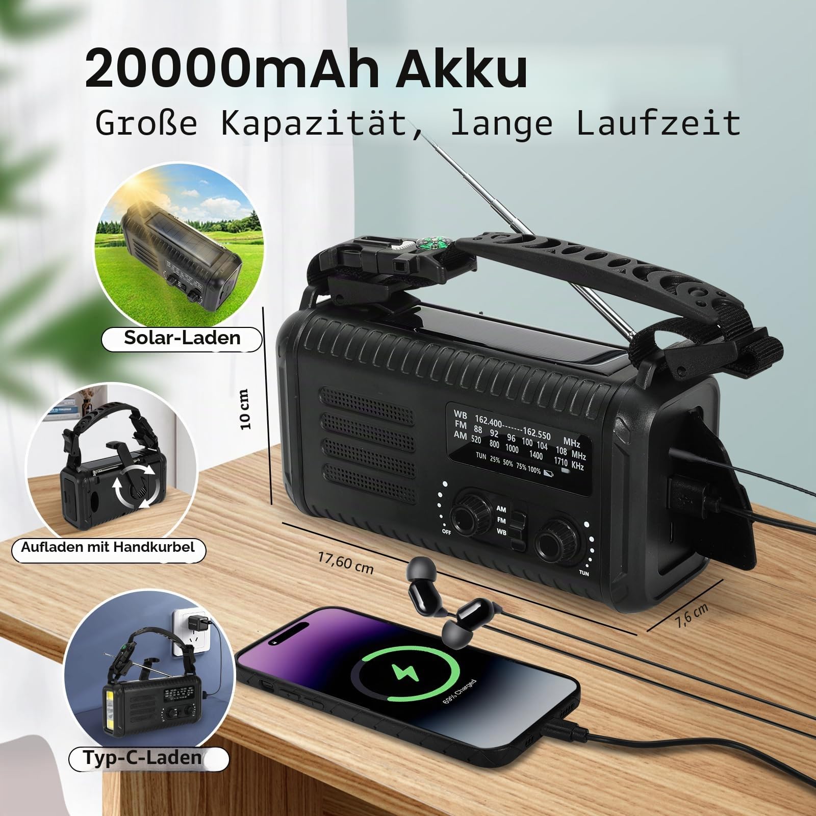 Notfallradio, Crank Wetterradio, 20000mAh Solarradio, Hand Kurbelradio mit AM/FM/NOAA, tragbares Radio mit Taschenlampe und Leselampe, Kopfhöreranschluss, SOS-Alarm, Handy-Ladegerät für Notfälle
