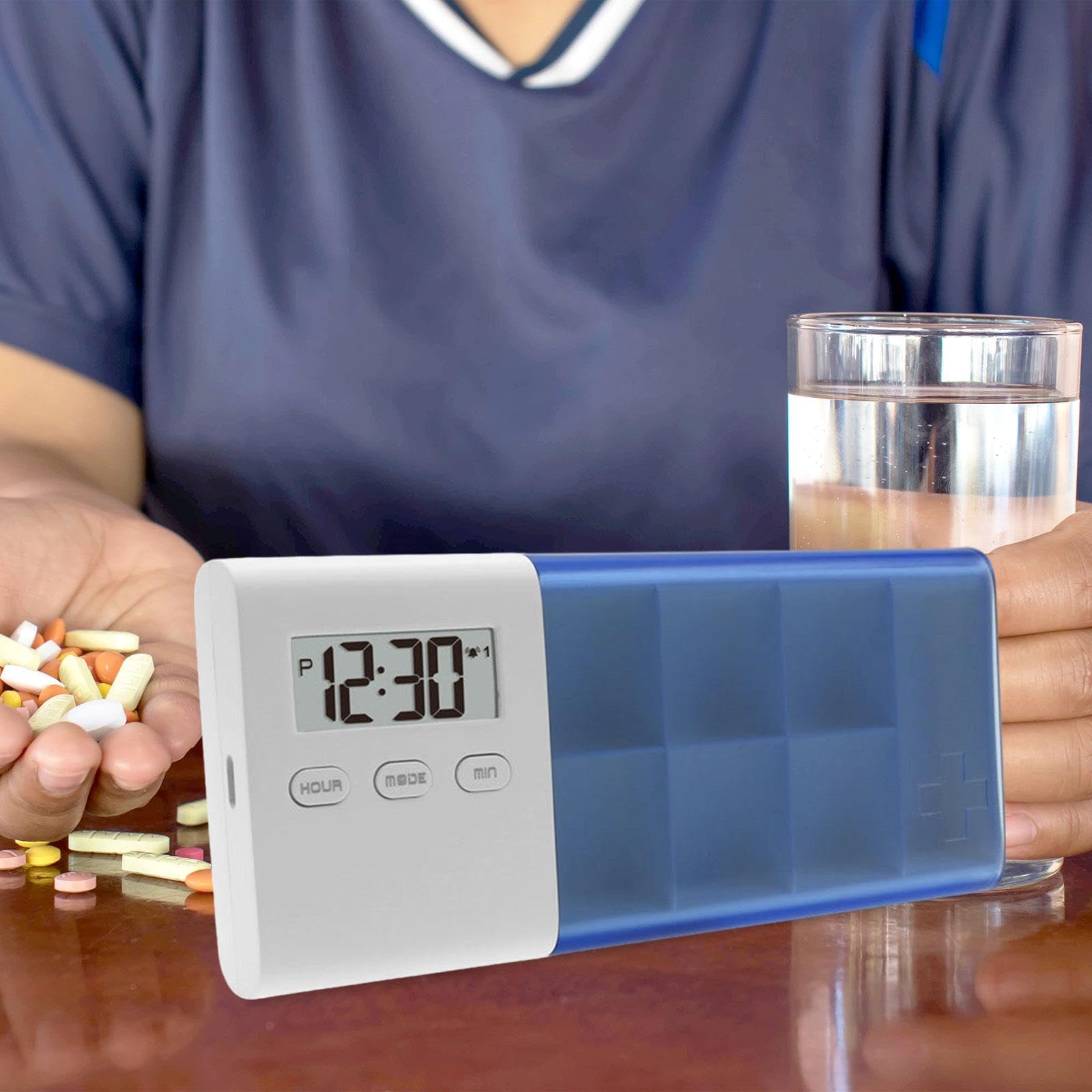 Portapillole Elettronico, Contenitore per Pillole Giornaliero, Organizer Da Viaggio con 7 Scomparti E Allarme, Adatto, Blu
