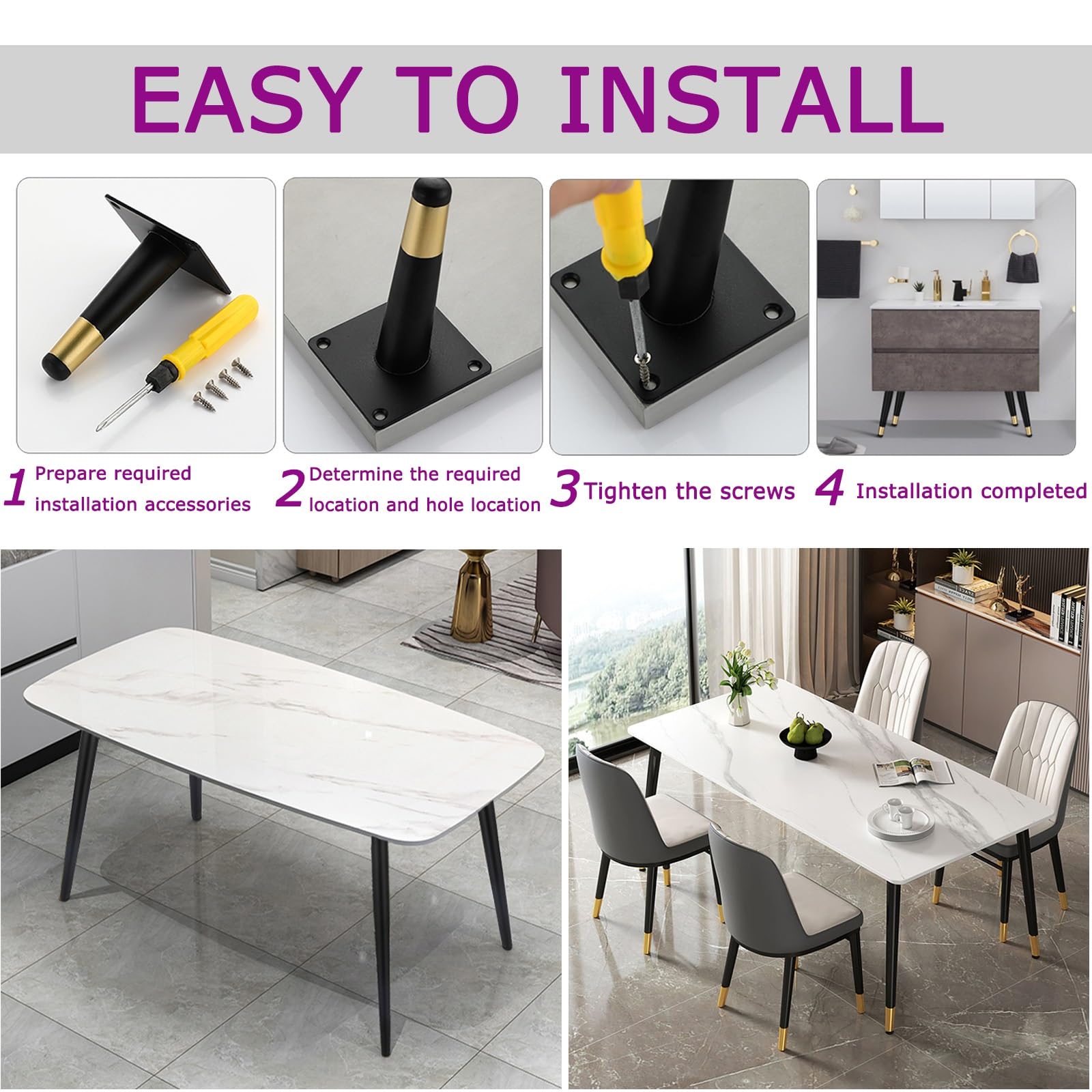 Lot de 4 pieds de chaise coniques en métal noir robuste avec patins antidérapants pour tables de salle à manger et bureaux, plaque solide, installation facile