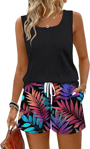 2 Piece Sets For Women Summer Hawaiian Outfits Flowy Sleeveless Tank Scoop Neck 