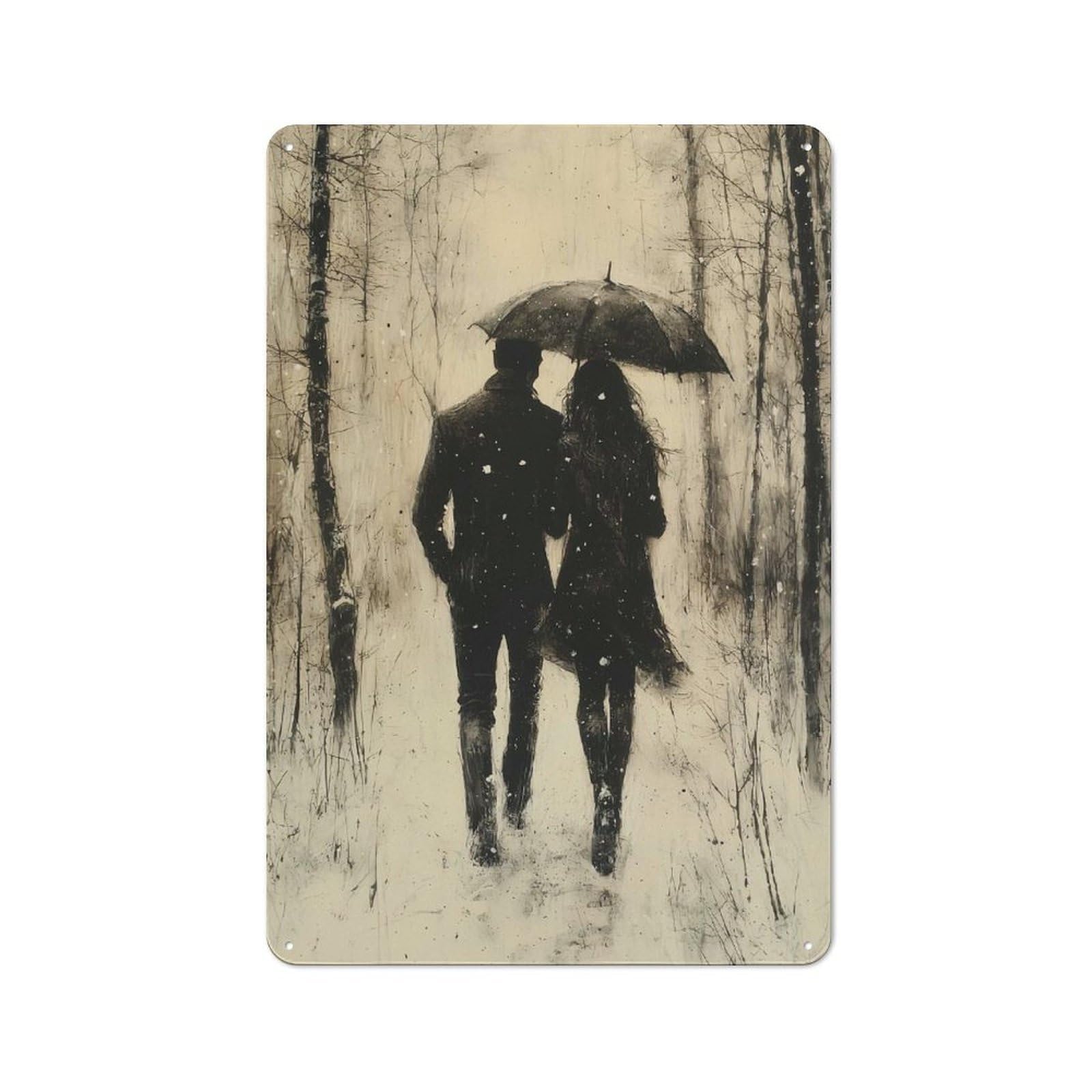 Junmoney Vintage Charcoal Couple In Snowy Forest Tin Sign 30X20cm With For Hallway Wall, Retro Decor, Suited To Hallway Decor Lovers