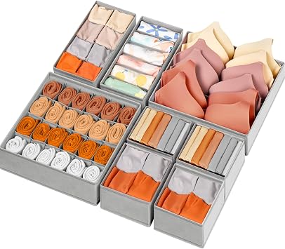 Drawer Organizer Clothes, 8 Pack Dresser Organizer Bins for Baby Clothes, Underwear Sock, Fabric Closet Organization and Storage Dividers for Nursery Bedroom 48 Compartments, Grey
