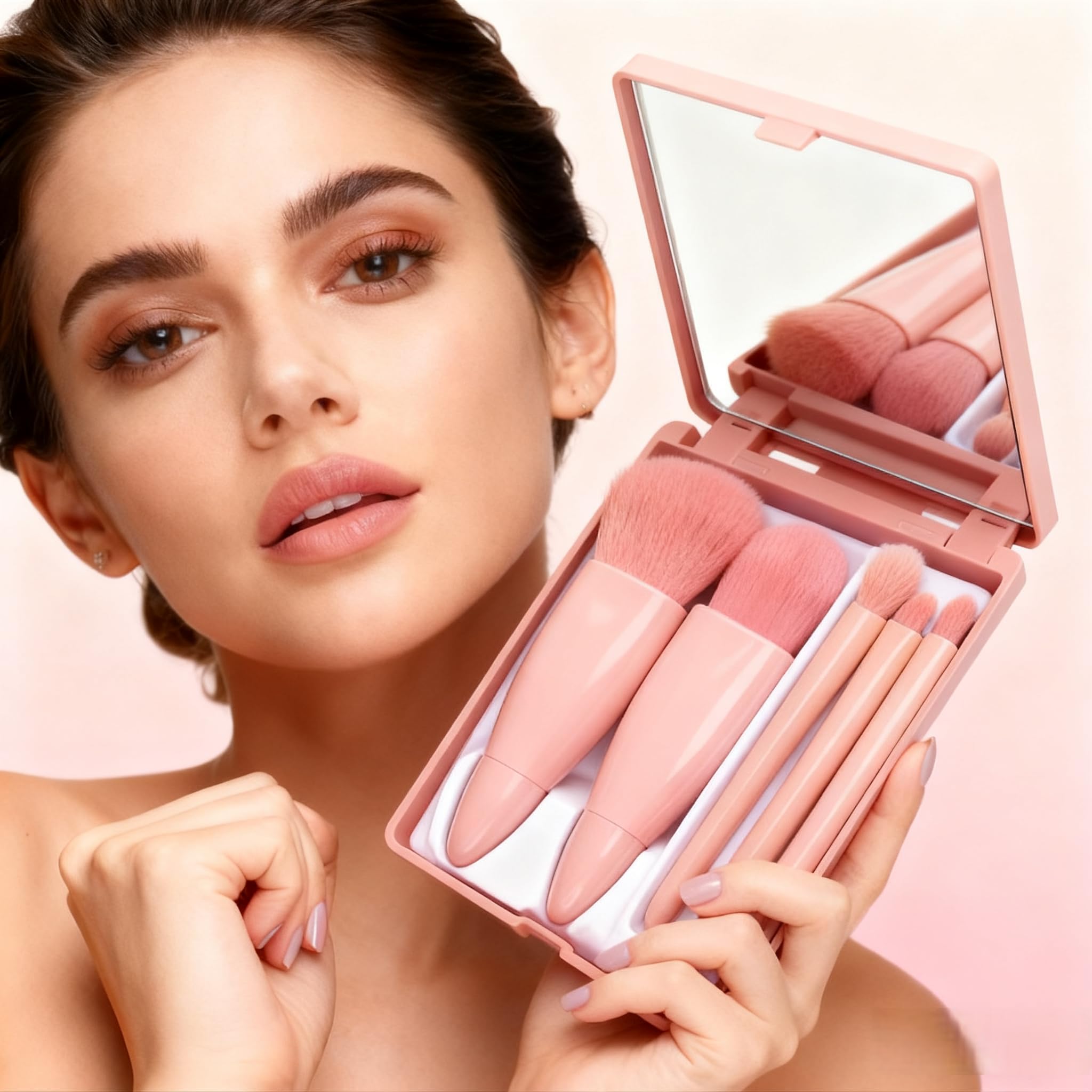 Juego de 5 brochas de maquillaje portátiles con caja de almacenamiento, brochas multifuncionales para polvo/rubor, mini brochas de base y sombra de ojos para retoques de belleza On - the Go