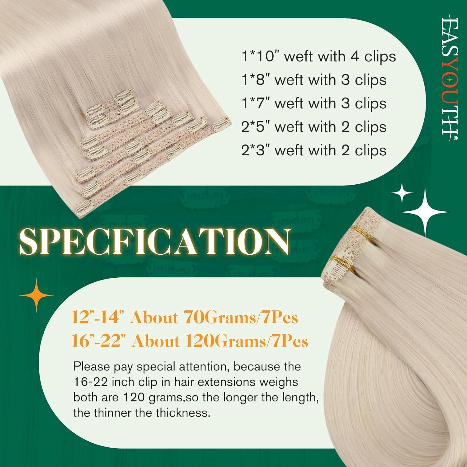 Easyouth Hair Extensions Clip in Human Hair White Blonde Clips in Hair Extension Human Hair Real Hair Blonde Clip ins Extensions Double Weft 12 Inch 70g 7Pcs - Image 3