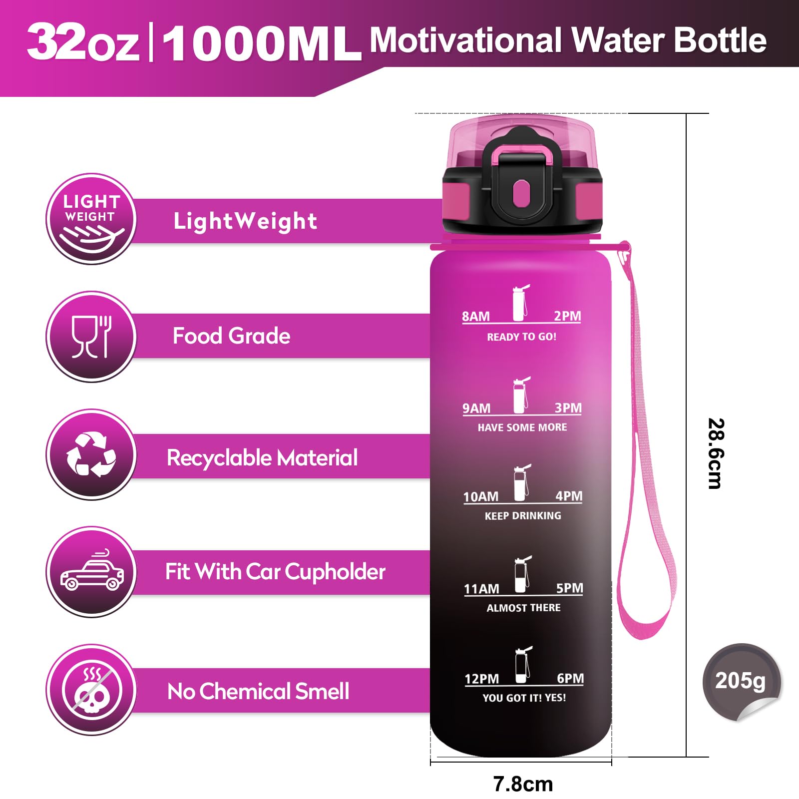 Borraccia 1L, Bottiglia con Indicatore del Tempo Motivazionale, Bottiglia con Cannuccia, Riutilizzabile, senza BPA, A Prova di Perdite, per Fitness, Scuola, Ufficio, Ciclismo, Alpinismo, Yoga