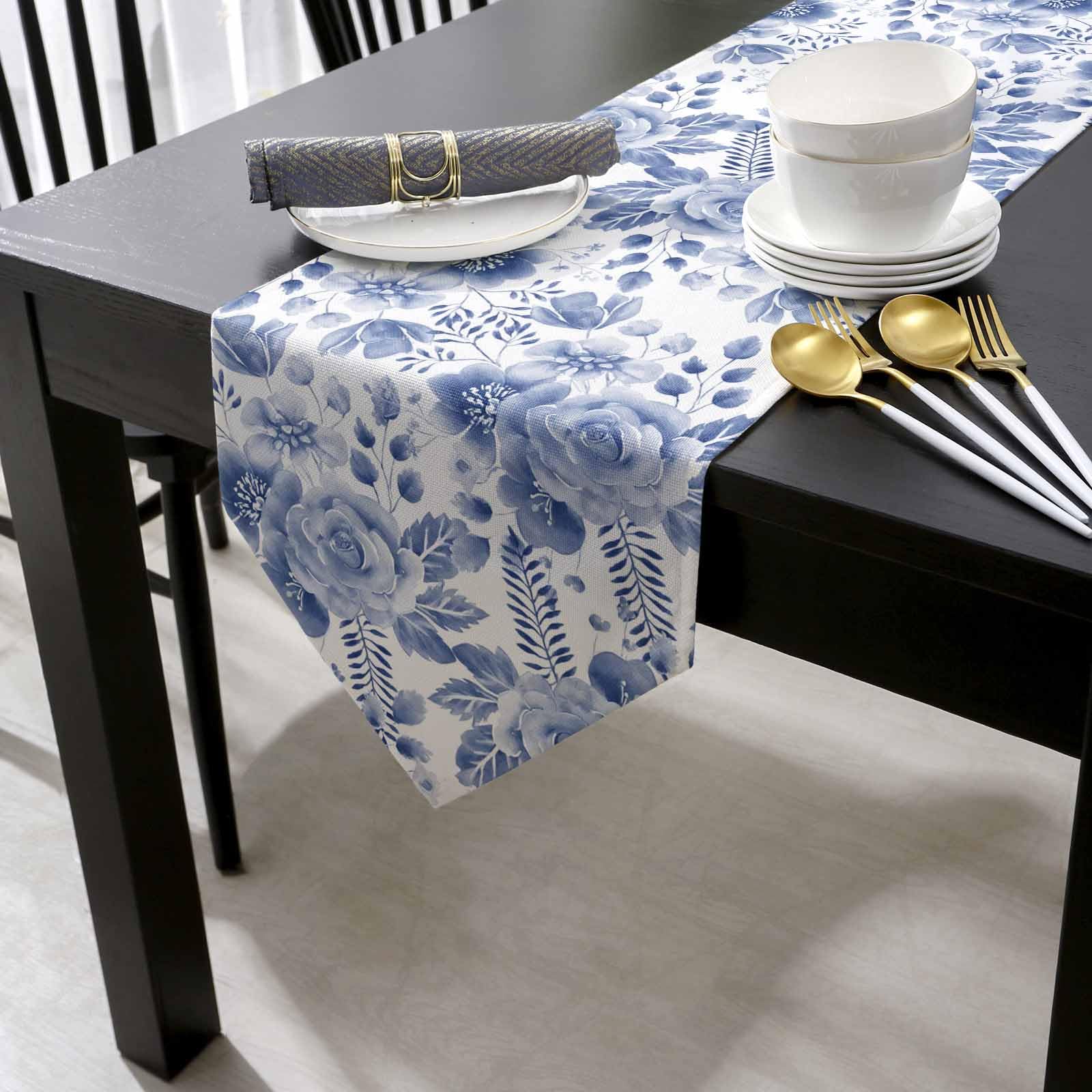 blue formal prom dresses Polyester Table Runner 12"x108" White with Blue French Toile Floral Print