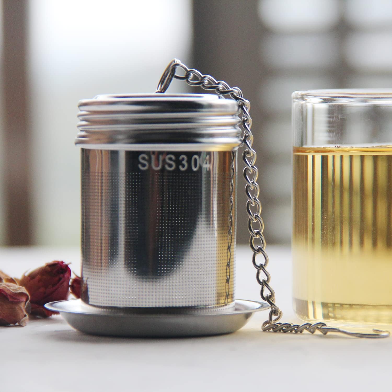 TEEMADE Tea Infuser,Extra Fine Mesh Strainer for Loose Tea, 18/8 Stainless Steel with Extended Chain Hook and Drip Tray(1 PACK)