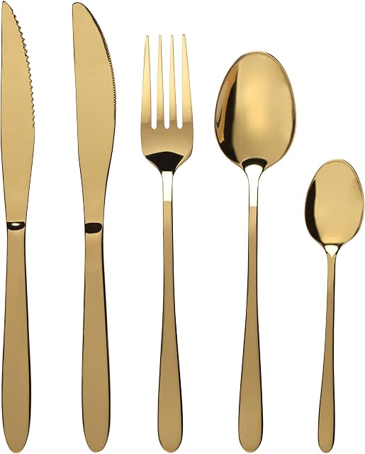 Progress BW09648EU 20 Piece Cutlery Set, Gold Refine, 18/0 Stainless Steel, Includes 4 Knives, 4 Steak Knives, 4 Forks, 4 Table Spoons, 4 Tea Spoons, Party, Wedding Cutlery, Easy Clean, Gold Finish