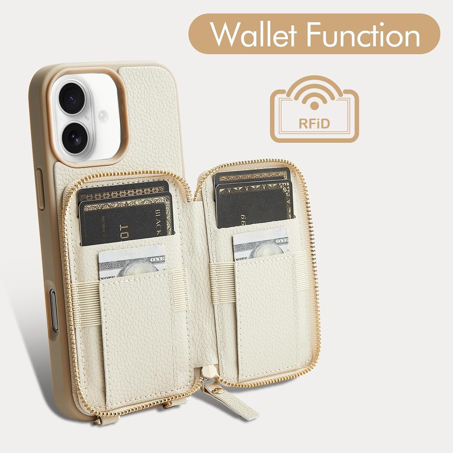 ZVE for iPhone 17 Case Wallet with Card Holder, Crossbody Phone Puese with Wrist Strap for Women 6.3" Beige