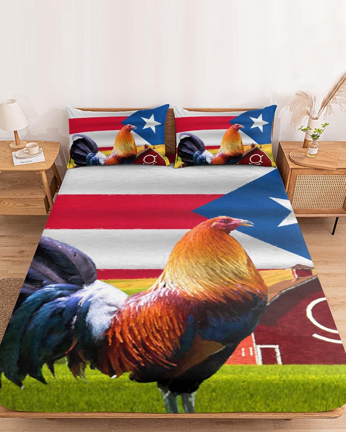Puerto Rican Rooster Farmhouse Fitted Bed Sheets King Size