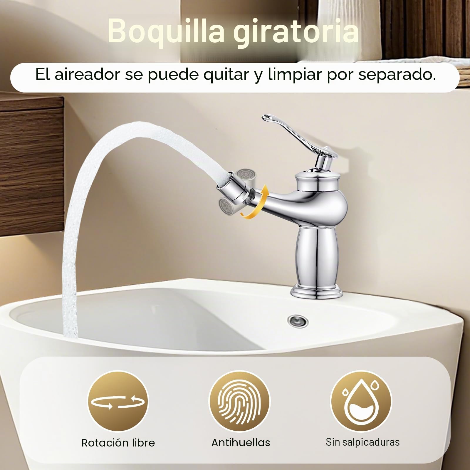Grifo Bidet Cromo, Grifo Monomando Lavabo Mezclador de Baño con Pitorro Giratorio, G3/8