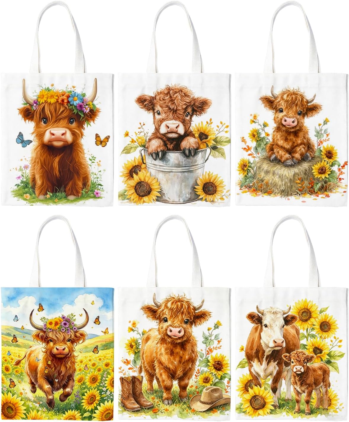 6 Pcs Highland Cow Canvas Tote Bag with Zipper Inner Pocket | Sunflower Highland Cow Gifts Set, Double-Sided Printed Reusable Print Tote Bags for Women Shopping, Teacher Gifts