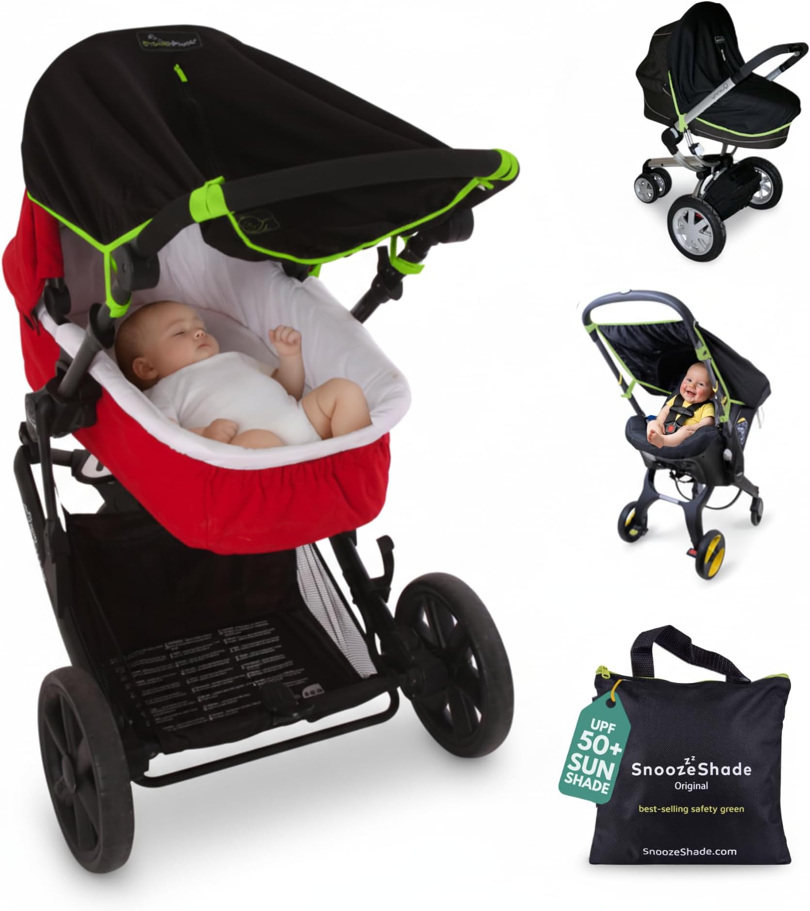 Original 0-6m Pram and Buggy Sun Shade Baby Sleep Aid with Safety Green Trim Blocks 99% UV UPF 50 Breathable Blackout Canopy for Carrycot and Pushchair