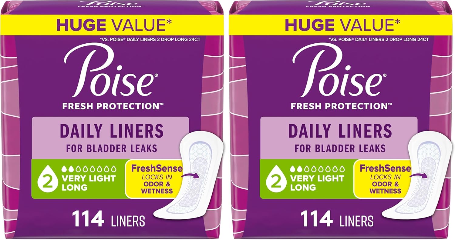 Poise Daily Liners, Incontinence Panty Liners for Bladder Leaks, 2 Drop Very Light Absorbency, Long Length, Packaging May Vary,114 Count (Pack of 2)