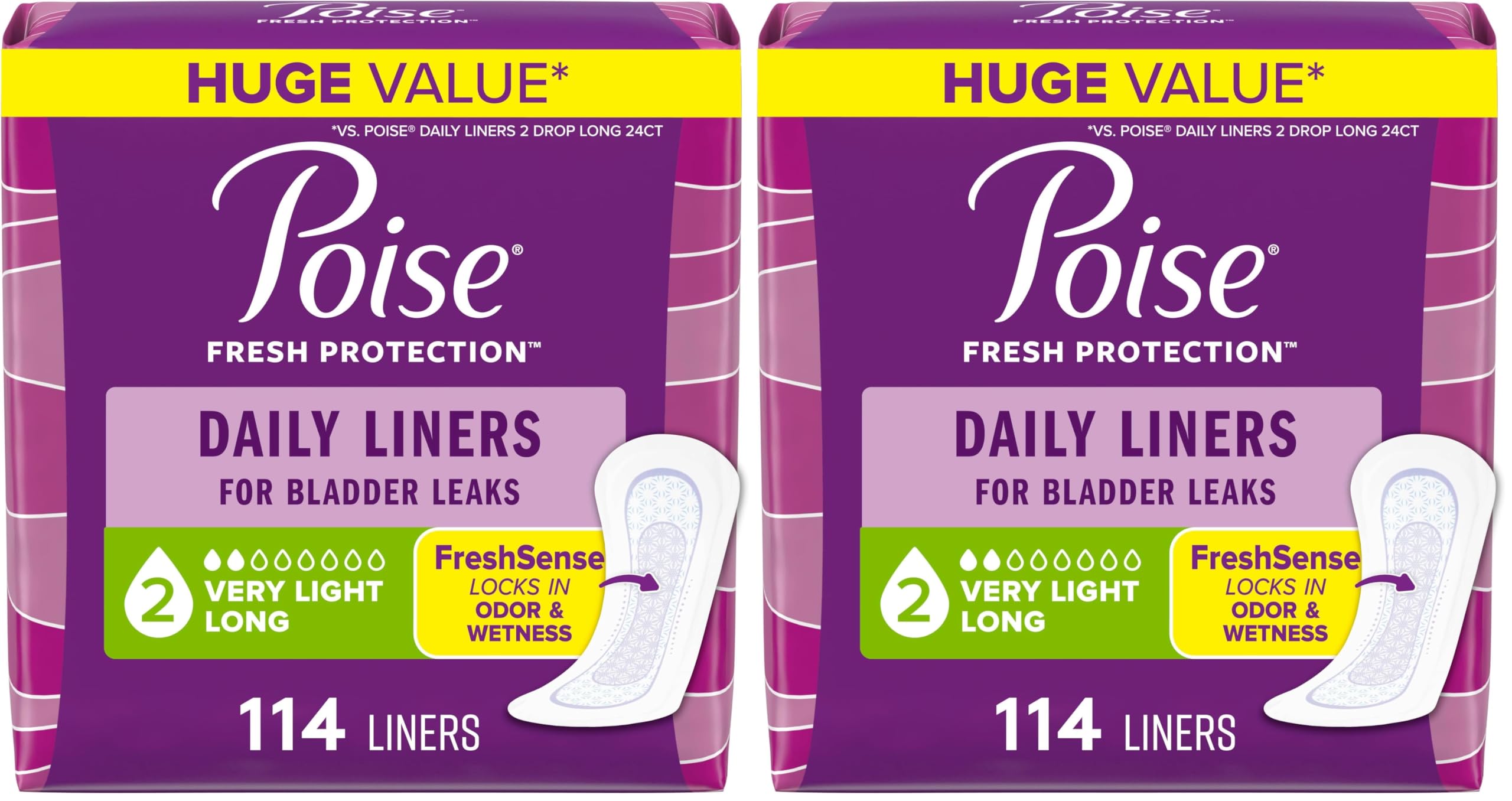 Poise Daily Liners, Incontinence Panty Liners for Bladder Leaks, 2 Drop Very Light Absorbency, Long Length, Packaging May Vary,114 Count (Pack of 2)