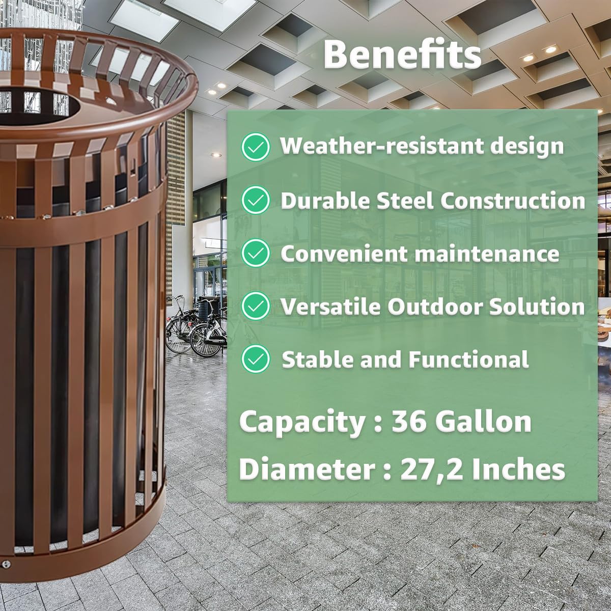 Heavy-Duty 36 Gallon Trash Can, Brown Outdoor Waste Bin Steel Slatted, Commercial Round Recycle Container, Durable Garbage Can for Parks, Municipalities, Schools, Parking