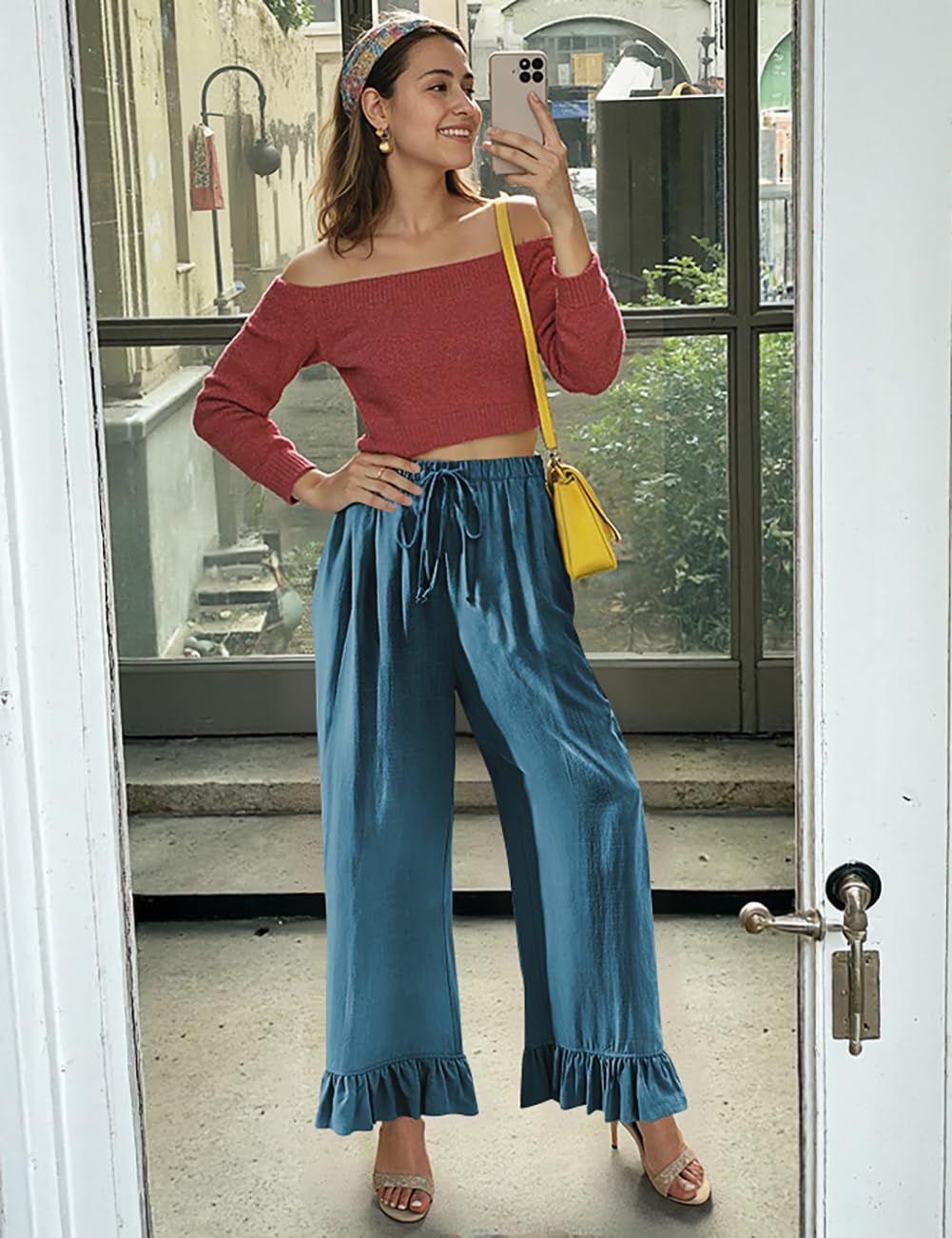 TARSE Women’s Linen Casual Pants Flared Leg Wide Leg Drawstring Ruffle Harem Palazzo Pants with Pockets - Image 2