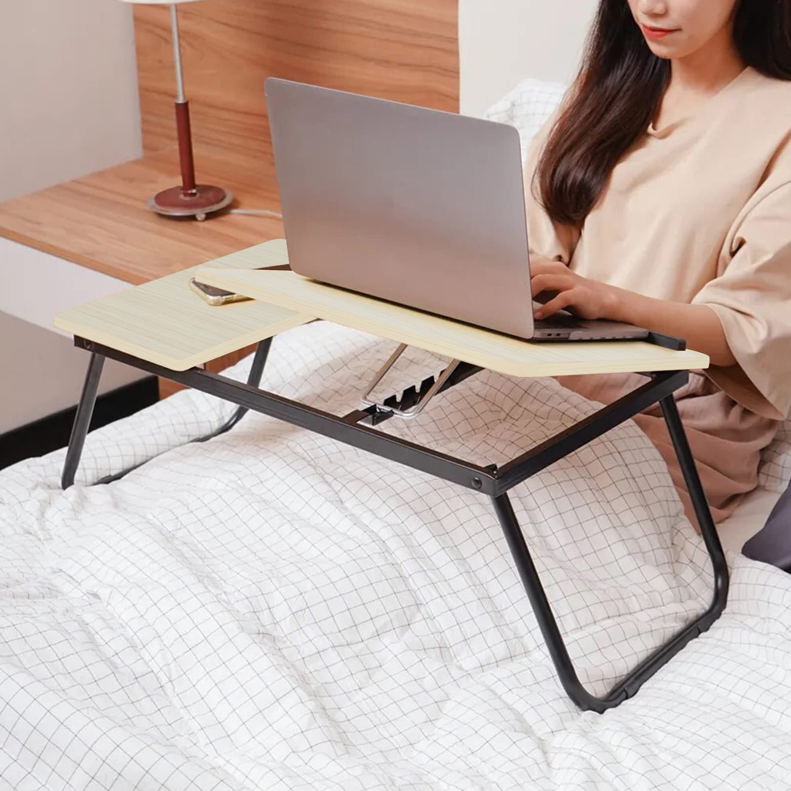 Tavolo pieghevole per computer portatile, 55 x 32 x 25 cm, per tablet e computer portatile, con porta bevande, per lettura o colazione (bianco)