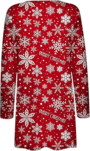 Miniatura 2 de ZEFOTIM Cárdigan de Navidad para mujer 2024, casual, ligero, frente abierto, cárdigan largo, divertido copo de nieve, estampado de Papá Noel, tops