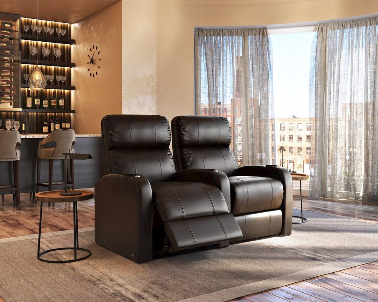 Octane Seating Diesel XS950 Theater Chairs for Home Brown Top-Grain Leather - Power Recline - Accessory Dock - Space Saver - Memory Foam - Straight Row of 2 Seats