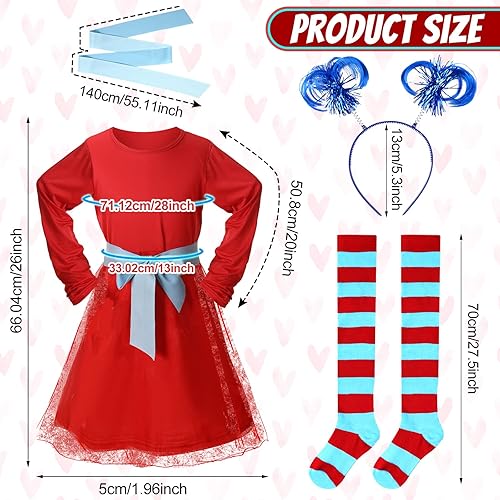 Miniatura 3 de Disfraz de rayas rojas y azules para niñas, vestido sólido de manga larga con calentador de cinturón, calcetines altos hasta la rodilla a rayas