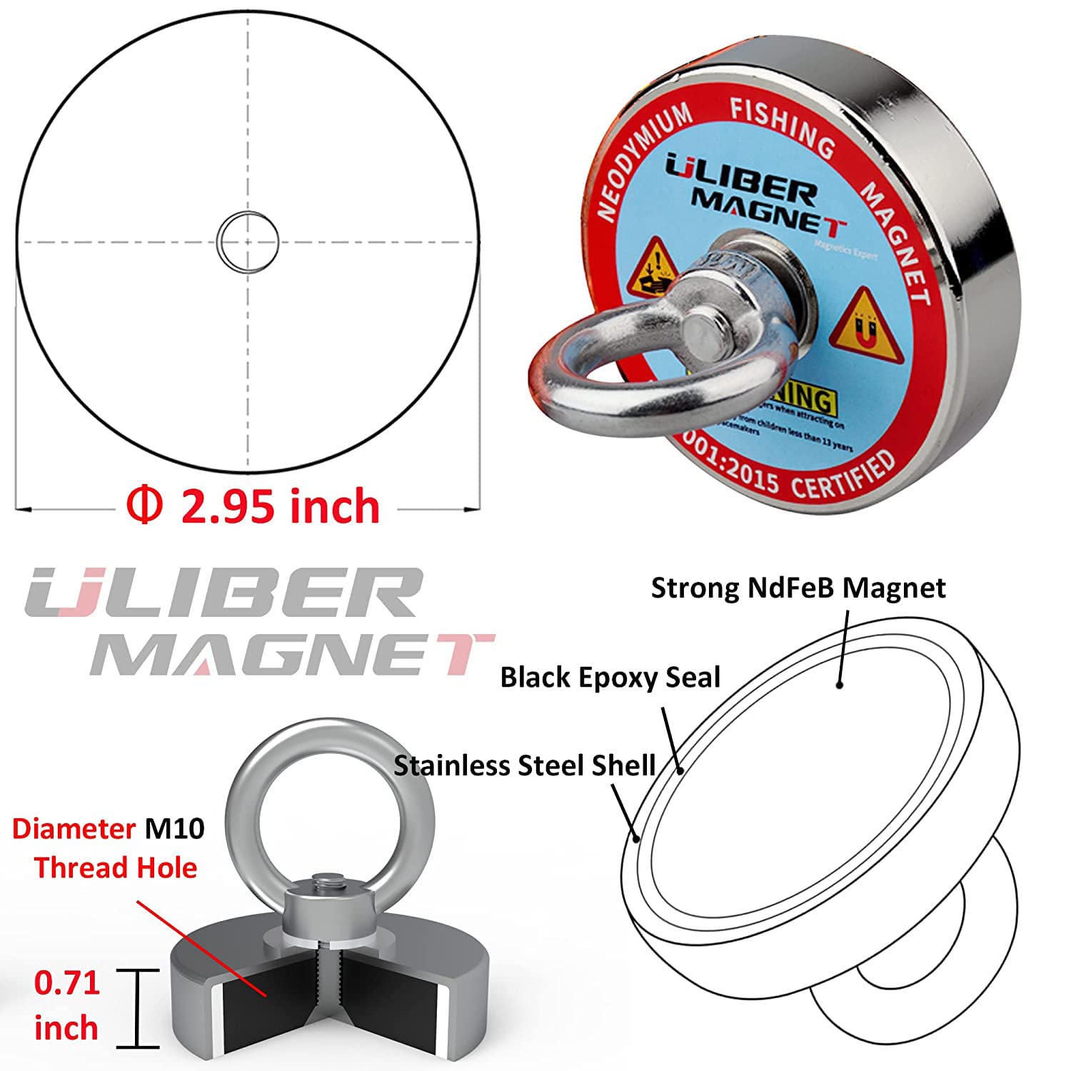 ULIBERMAG 320KG N52 - Set di magneti da pesca al neodimio con corda, guanti, per la pesca magnetica e la caccia al tesoro sott'acqua