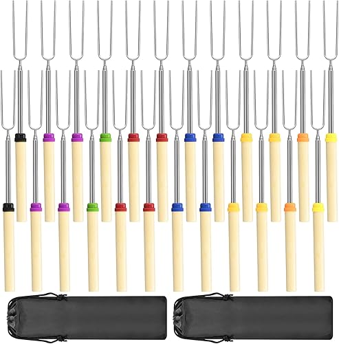 Miniatura 8 de Juego de 8 palitos para asar malvavisco, extensibles de metal de 32 pulgadas de largo con mango de madera, para malvavisco, perros calientes
