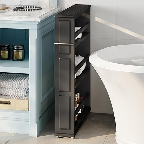 Miniatura 6 de Lavish Home Cocina, carrito de almacenamiento con ruedas delgado negro, 25 pulgadas de largo x 5.7 pulgadas de ancho x 34.25 pulgadas de alto