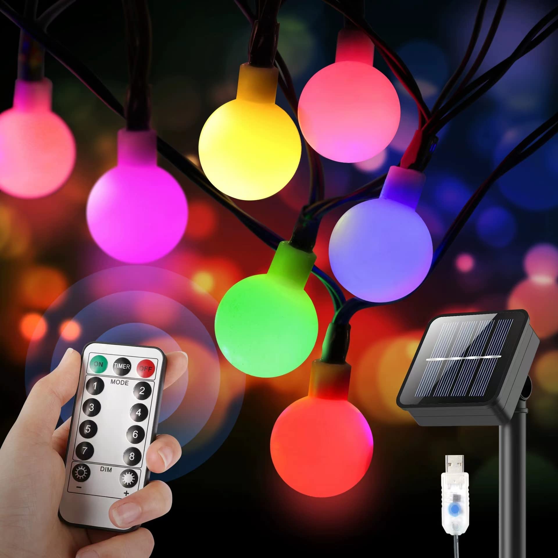 Solarny łańcuch świetlny, 60 diod LED, 11 m, łańcuch świetlny solarny, mini kula, dekoracyjne światła, 8 trybów, wodoodporne/z pilotem zdalnego sterowania, świąteczne lampki USB, do wewnątrz, na zewnątrz, do ogrodu (ciepły kolor)