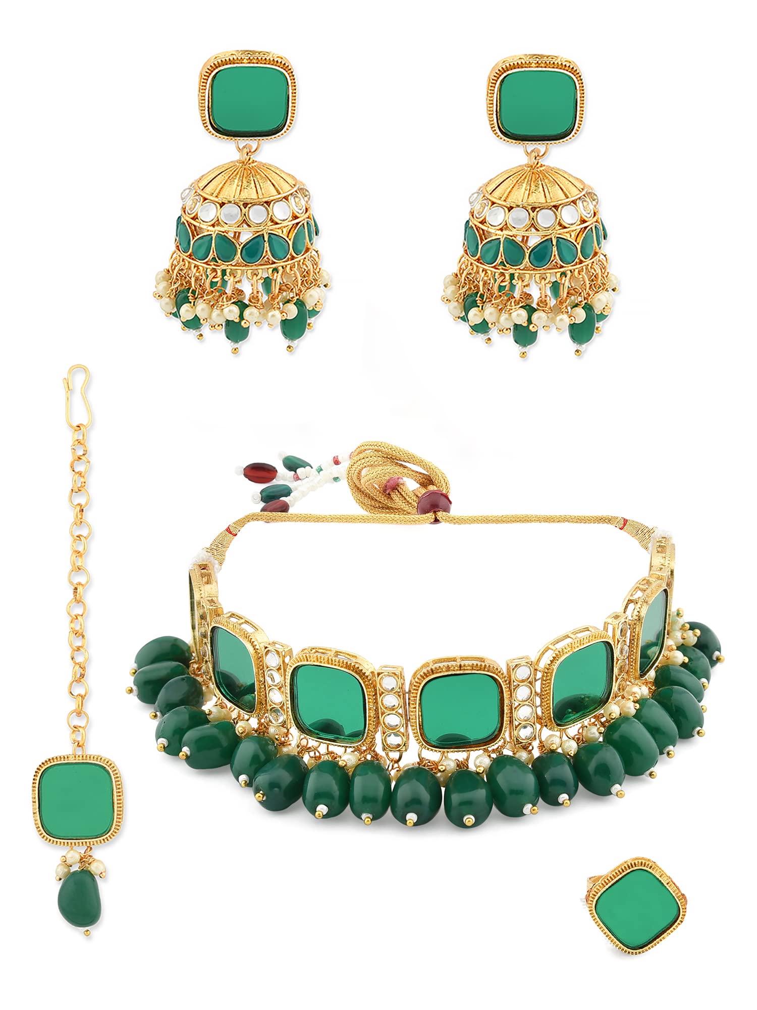 ZAVERI PEARLS Green Mirror & Beads Choker Necklace Earring Maangtikka & Ring Set For Women-ZPFK11589 (B09NMCHL94) Amazon Price History, Amazon Price Tracker